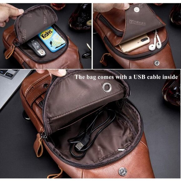 💫 Men Brown Leather Sling Bag Charging Port Multi-pocket Hiking Travel Daypack - Picture 6 of 6